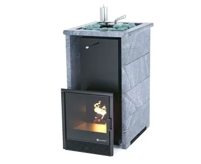 Фото Печь для русской бани Сочи в трёхстороннем кожухе (талькохлорит) с открытым верхом в магазине Woodson