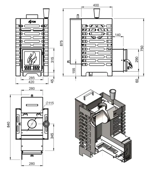Фото Печь для бани ASTON 16 INOX стекло "АКВА " в магазине Woodson