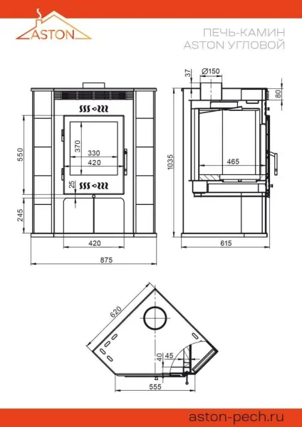 Фото Печь-Камин ASTON 11кВт (180 м3) угловой Ø 150мм Талькохлорит в магазине Woodson