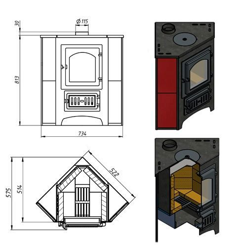 Фото Печь-Камин ВЕЗУВИЙ ПК-01 (220) угловой красн. с конфоркой 9 кВт (150 м3) Ø 115мм в магазине Woodson